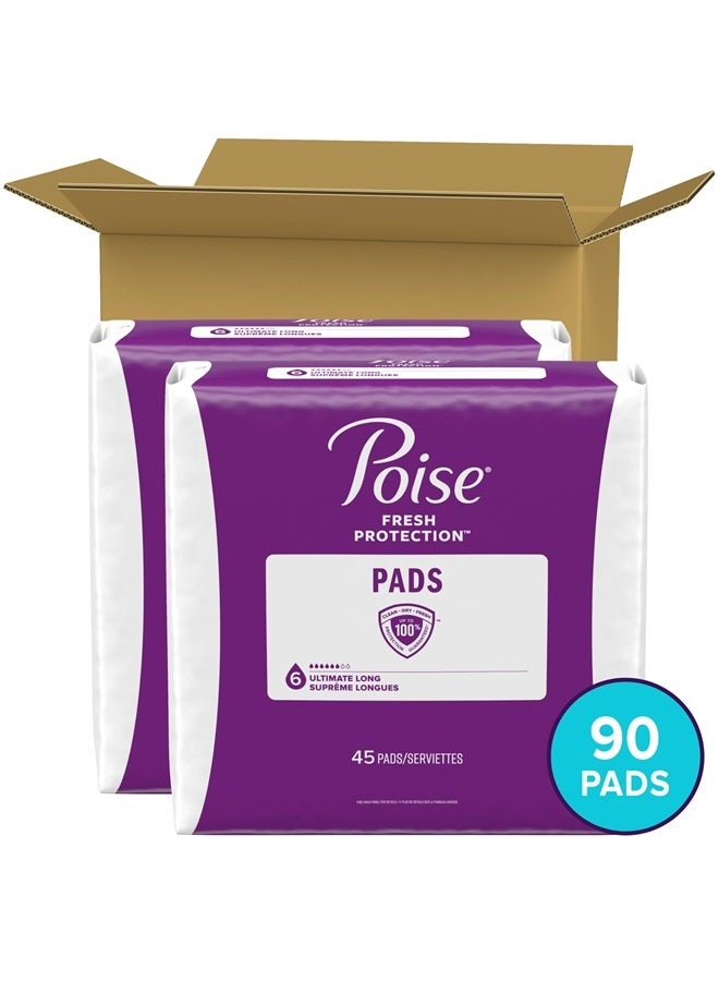 Incontinence Pads & Postpartum Incontinence Pads, 6 Drop Ultimate Absorbency, Long Length, 90 Count (2 Packs of 45), Packaging May Vary