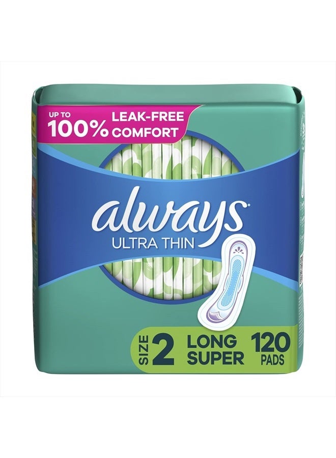 Ultra Thin, Feminine Pads For Women, Size 2 Long Super Absorbency, Without Wings, Unscented, 40 Count x 3 (120 Count Total)
