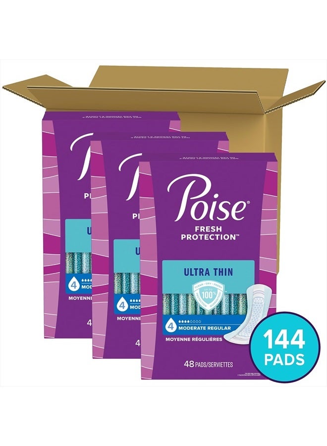 Ultra Thin Incontinence Pads & Postpartum Incontinence Pads, 4 Drop Moderate Absorbency, Regular Length, 144 Count (3 Packs of 48), Packaging May Vary