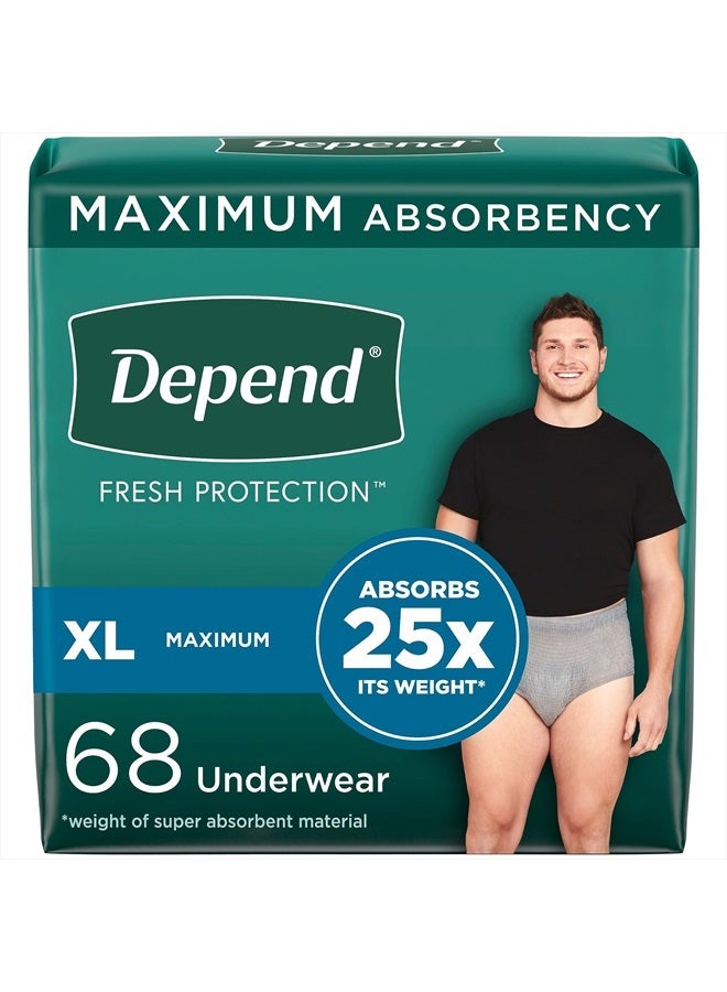 Fresh Protection Adult Incontinence Underwear for Men (Formerly Depend Fit-Flex), Disposable, Maximum, Extra-Large, Grey, 68 Count (2 Packs of 34), Packaging May Vary