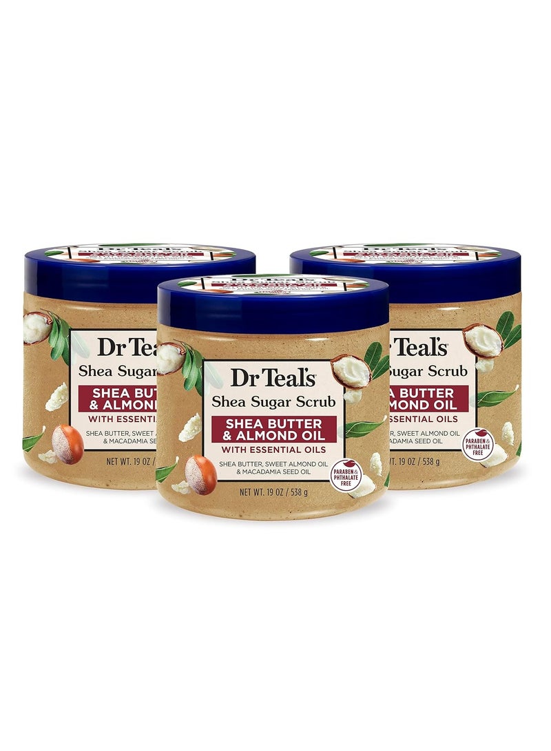 Dr Teal's Shea Sugar Body Scrub, Shea Butter with Almond Oil & Essential Oils, 19 oz (Pack of 3) (Packaging May Vary)