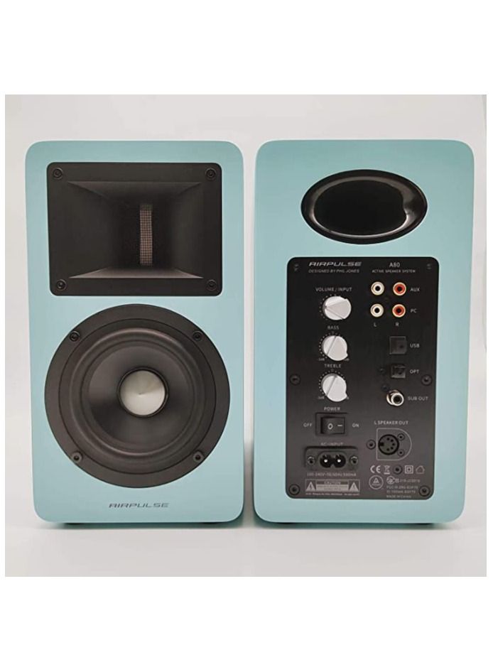 Airpulse A80 Tiffany Blue Wood Styling Active Bookshelf Speaker Blue