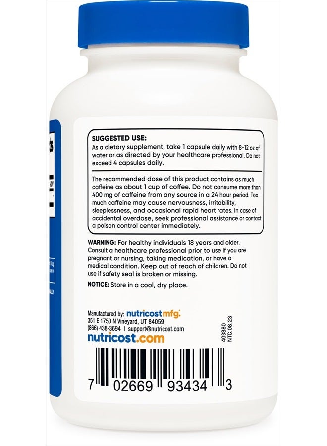 Caffeine Pills 100mg Per Serving, 250 Capsules