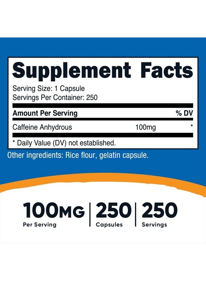 Caffeine Pills 100mg Per Serving, 250 Capsules