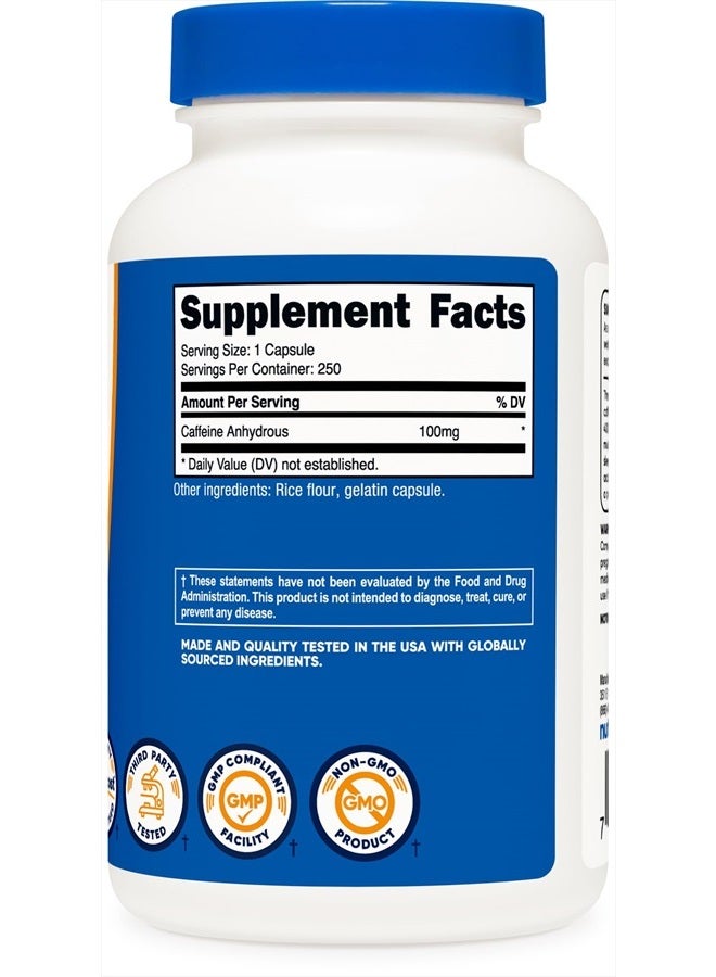 Caffeine Pills 100mg Per Serving, 250 Capsules