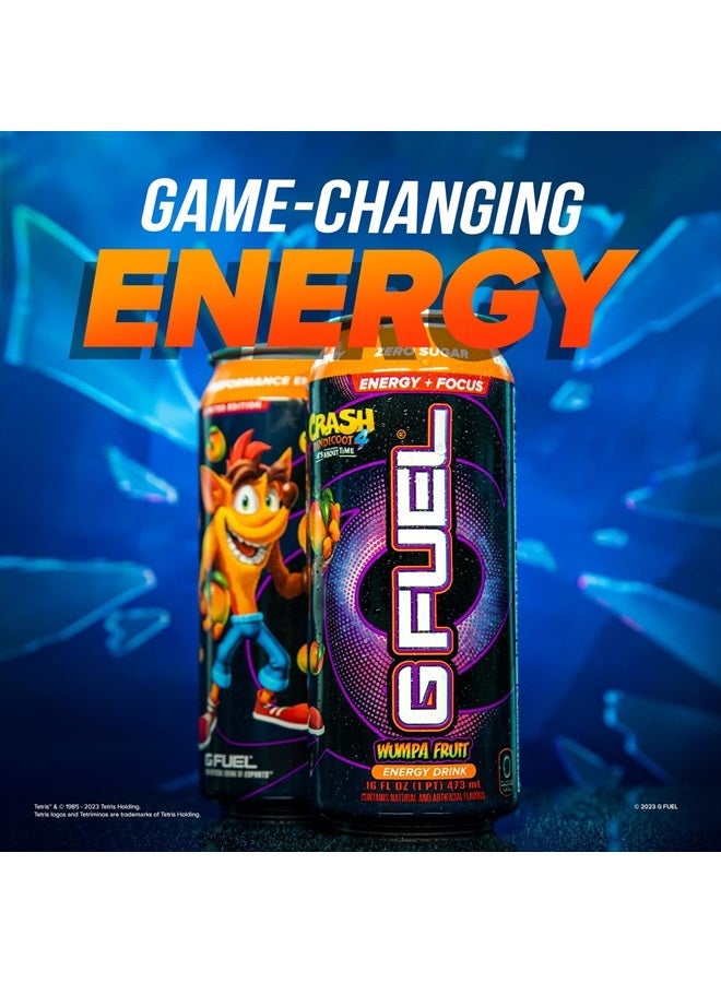 Crash Bandicoot Energy Drink, Sugar Free, Healthy Drinks, Zero Calorie, 300 mg Caffeine per Carbonated Can, Wumpa Fruit Flavor, Focus Amino, Vitamin + Antioxidants Blend - 12 Pack