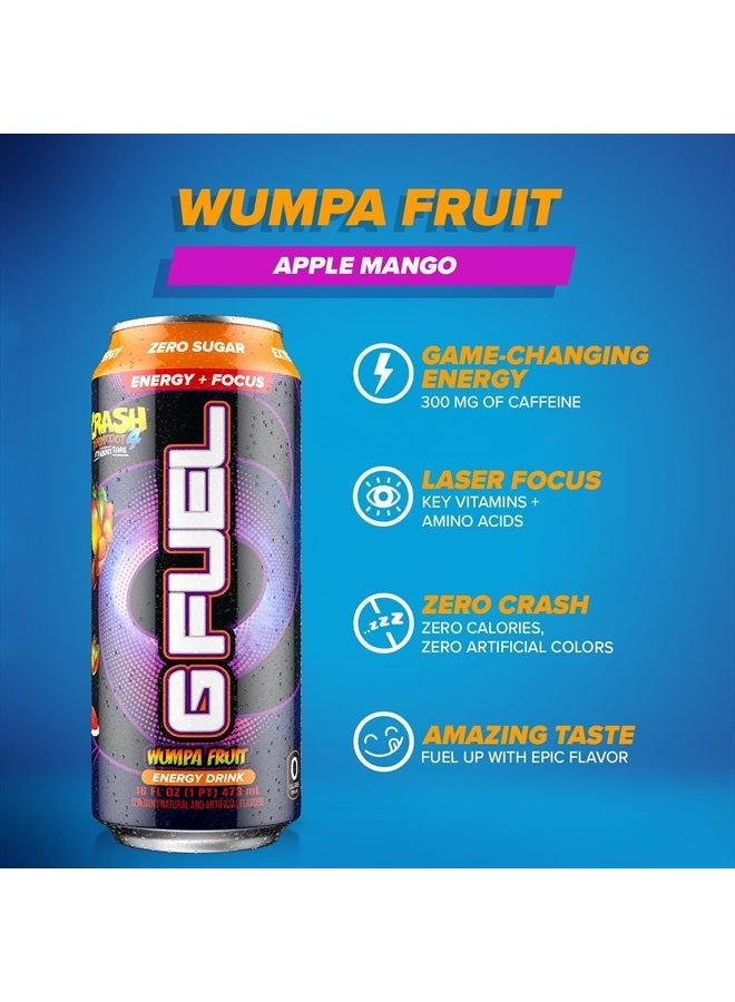 Crash Bandicoot Energy Drink, Sugar Free, Healthy Drinks, Zero Calorie, 300 mg Caffeine per Carbonated Can, Wumpa Fruit Flavor, Focus Amino, Vitamin + Antioxidants Blend - 12 Pack