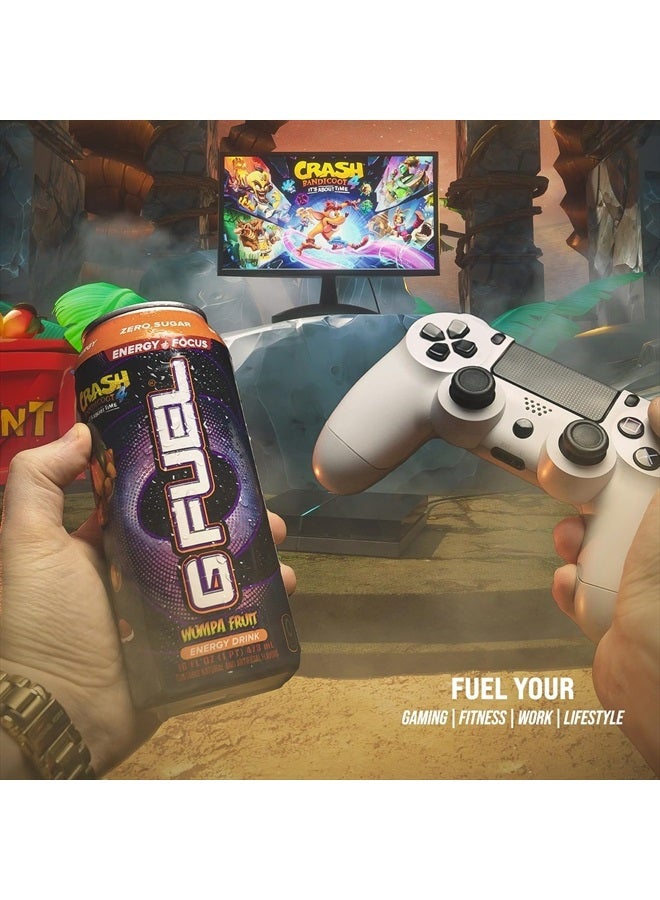 Crash Bandicoot Energy Drink, Sugar Free, Healthy Drinks, Zero Calorie, 300 mg Caffeine per Carbonated Can, Wumpa Fruit Flavor, Focus Amino, Vitamin + Antioxidants Blend - 12 Pack