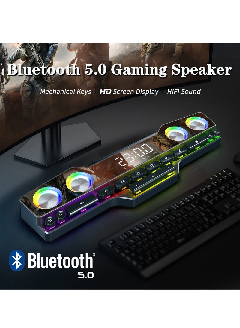 Wireless Gaming Speakers Bluetooth 5.0 PC Laptop Subwoofer with Cool lighting Dynamic RGB Sound 13 Mechanical Keys Long Endurance 4D HiFi Stereo Sound Alarm Clock FM for Computer Projector Phone