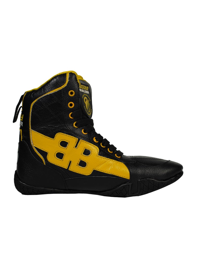 Body Builder Ultimate Athletic Shoes - Genuine Leather, Shoes for Bodybuilding and Weightlifting, Black and Yellow, 45 EU