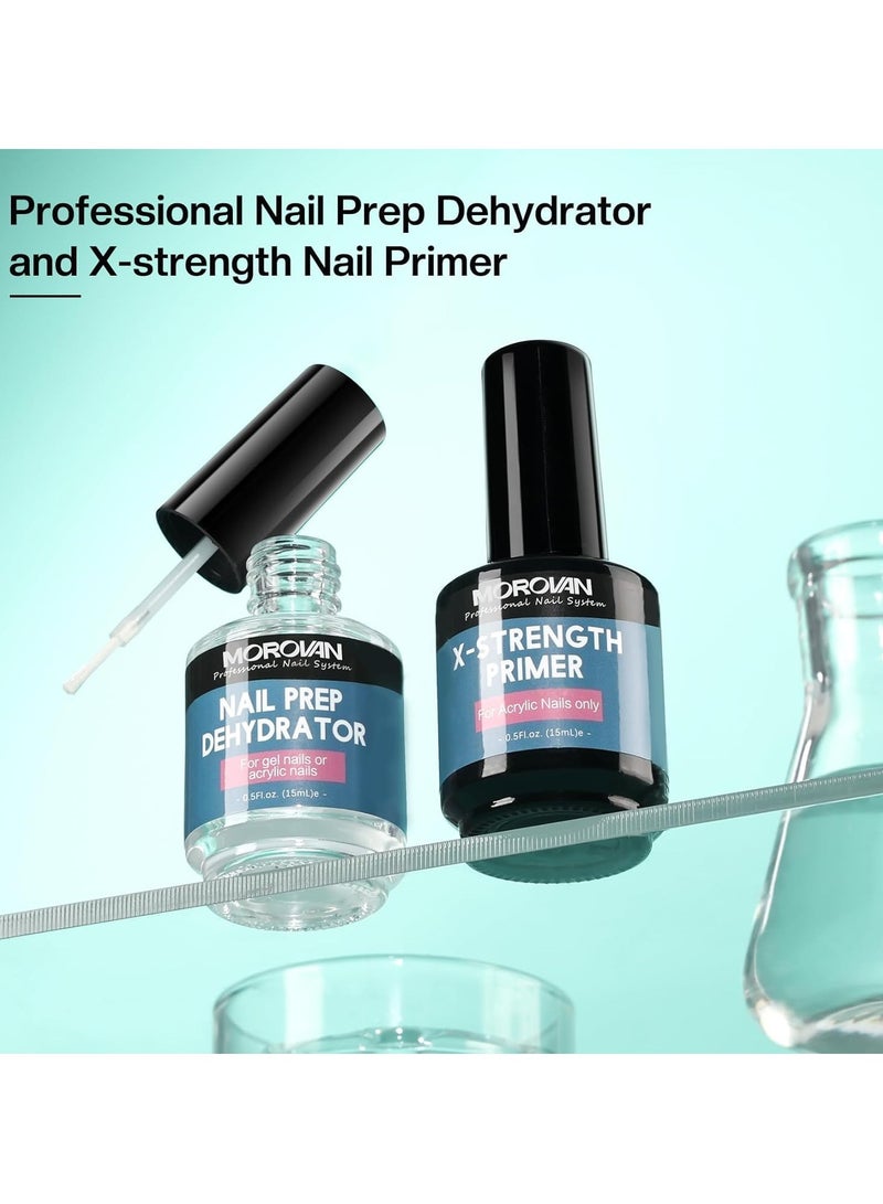 Morovan Nail Prep Dehydrator and Nail Primer X-strength, No Burn Non Acid Nail Primer and Dehydrator for Acrylic Powder Fast Dry 0.5oz Nail Primer Set Packaging may vary