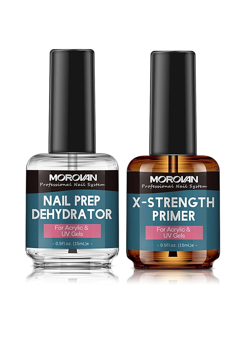 Morovan Nail Prep Dehydrator and Nail Primer X-strength, No Burn Non Acid Nail Primer and Dehydrator for Acrylic Powder Fast Dry 0.5oz Nail Primer Set Packaging may vary