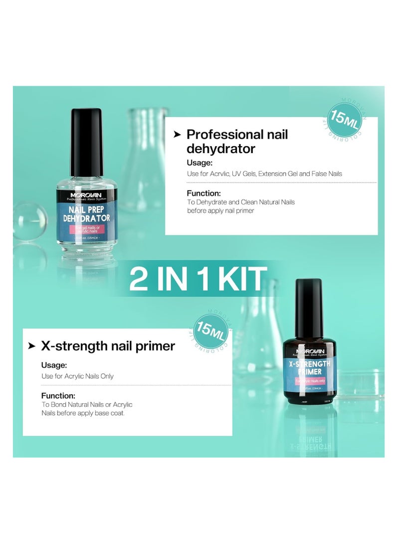 Morovan Nail Prep Dehydrator and Nail Primer X-strength, No Burn Non Acid Nail Primer and Dehydrator for Acrylic Powder Fast Dry 0.5oz Nail Primer Set Packaging may vary