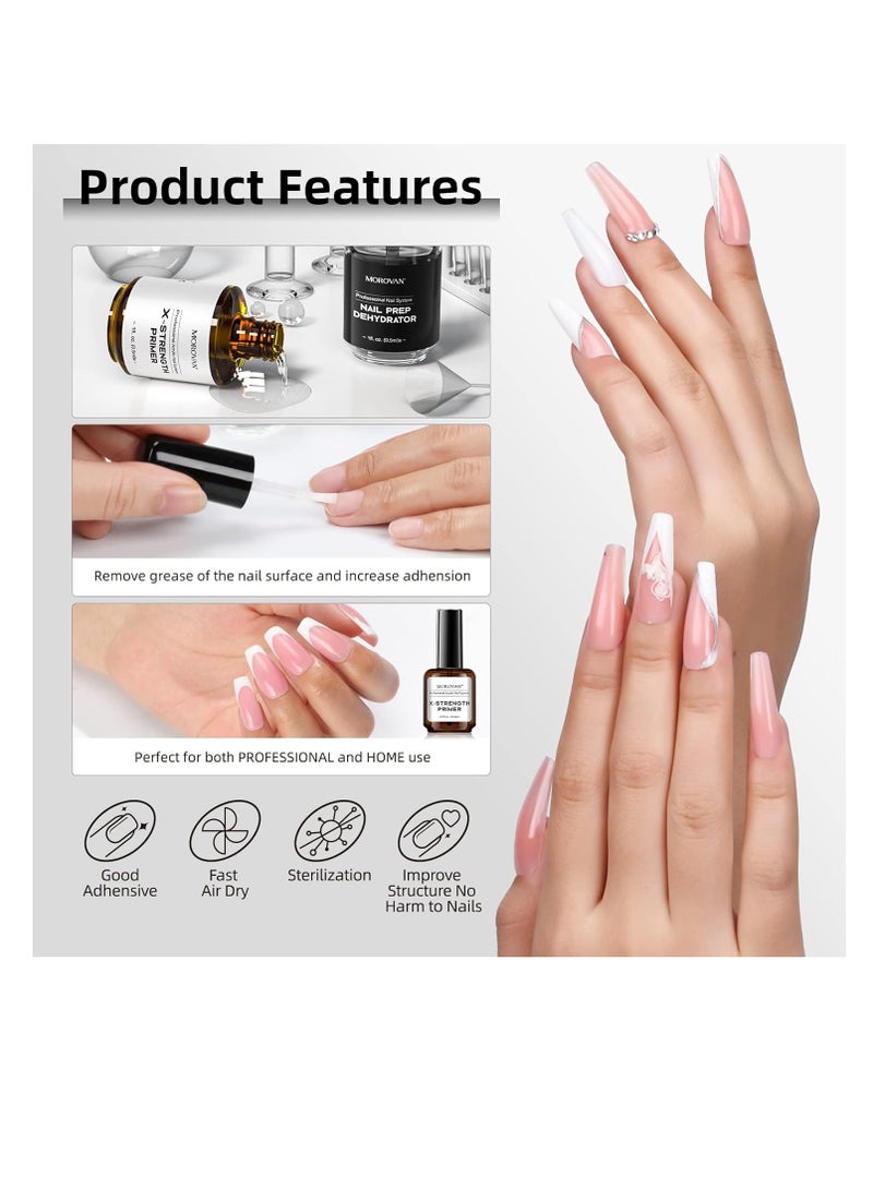 Morovan Nail Primer and Dehydrator for Acrylic Nails, Professional No Burn Fast Air Dry Nail Prep Dehydrator and X-Strength Primer Superior Natural, Acrylic Powder Application (0.5Fl oz)