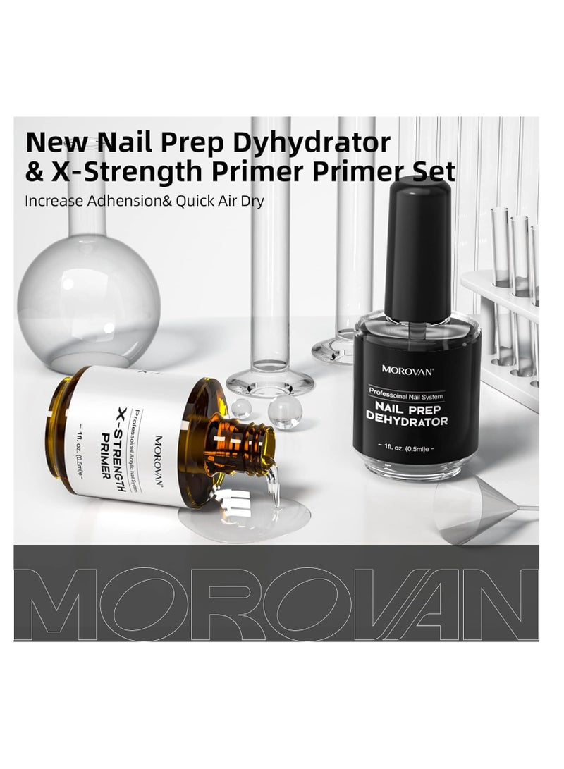 Morovan Nail Primer and Dehydrator for Acrylic Nails, Professional No Burn Fast Air Dry Nail Prep Dehydrator and X-Strength Primer Superior Natural, Acrylic Powder Application (0.5Fl oz)