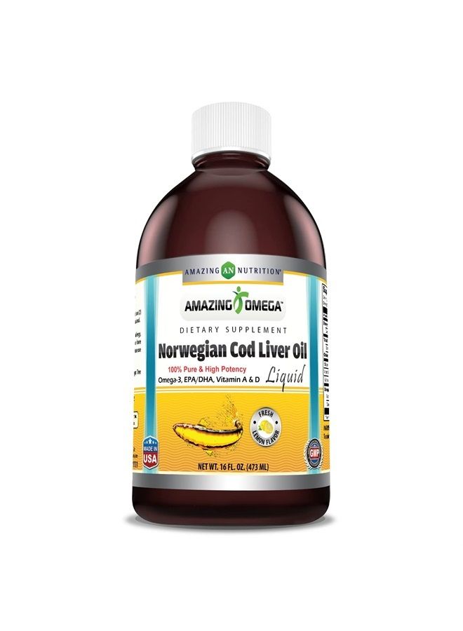 Amazing Omega Norwegian Cod Liver Oil 16 Oz 473 ml Supplement | Lemon Flavor | Extracted Under Strict Quality Standards from Around The Waters of Norway | Non-GMO | Gluten Free