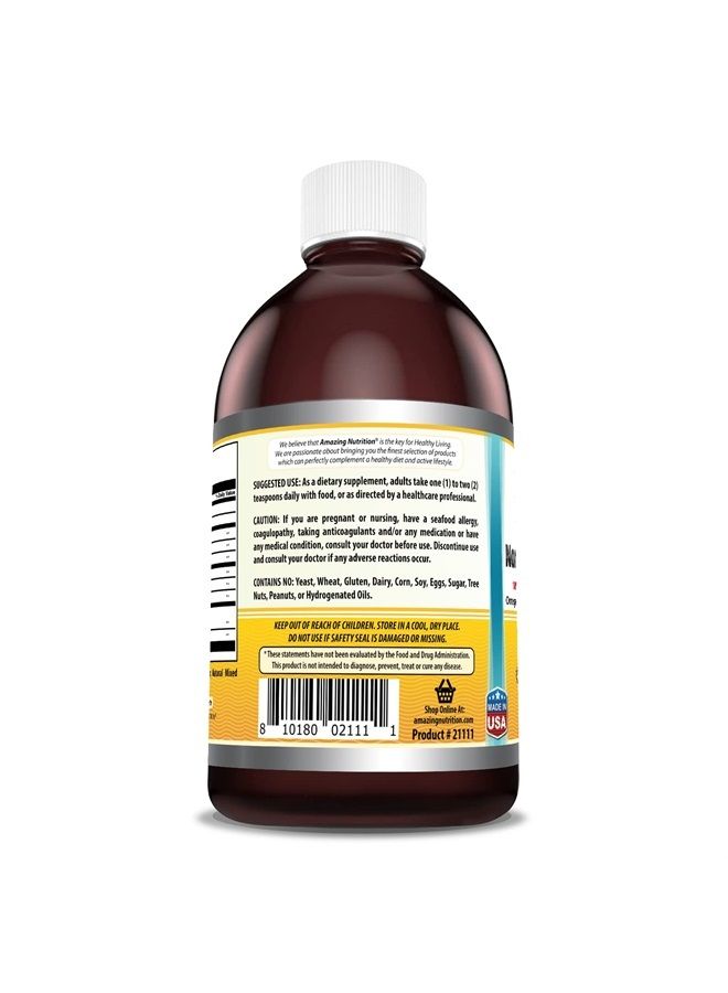 Amazing Omega Norwegian Cod Liver Oil 16 Oz 473 ml Supplement | Lemon Flavor | Extracted Under Strict Quality Standards from Around The Waters of Norway | Non-GMO | Gluten Free