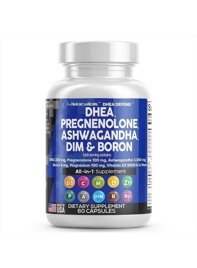 DHEA 200mg Supplement Pregnenolone 100mg for Men & Women with DIM Ashwagandha 3000mg Boron 6mg Complex Calcium Magnesium Zinc 50mg Vitamin D3 5000 iu Hormone Support Pills - 60 Ct