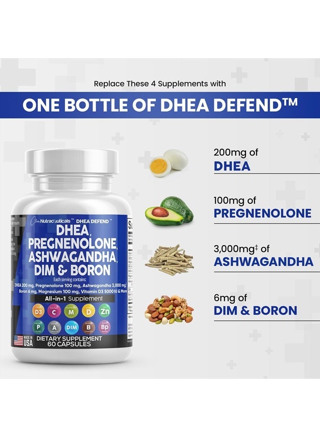 DHEA 200mg Supplement Pregnenolone 100mg for Men & Women with DIM Ashwagandha 3000mg Boron 6mg Complex Calcium Magnesium Zinc 50mg Vitamin D3 5000 iu Hormone Support Pills - 60 Ct