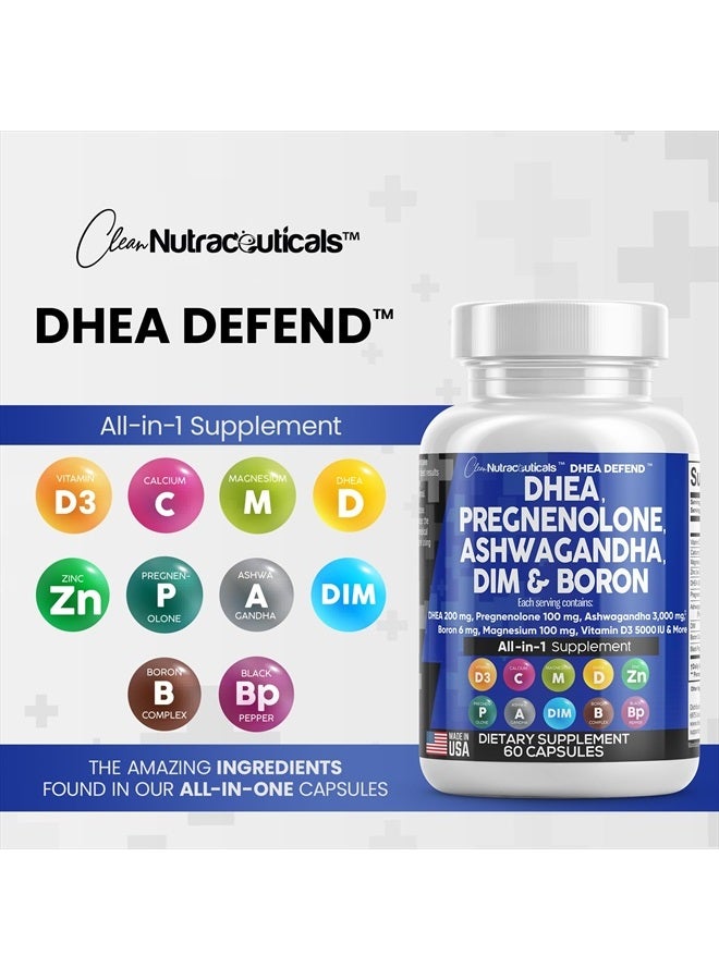 DHEA 200mg Supplement Pregnenolone 100mg for Men & Women with DIM Ashwagandha 3000mg Boron 6mg Complex Calcium Magnesium Zinc 50mg Vitamin D3 5000 iu Hormone Support Pills - 60 Ct
