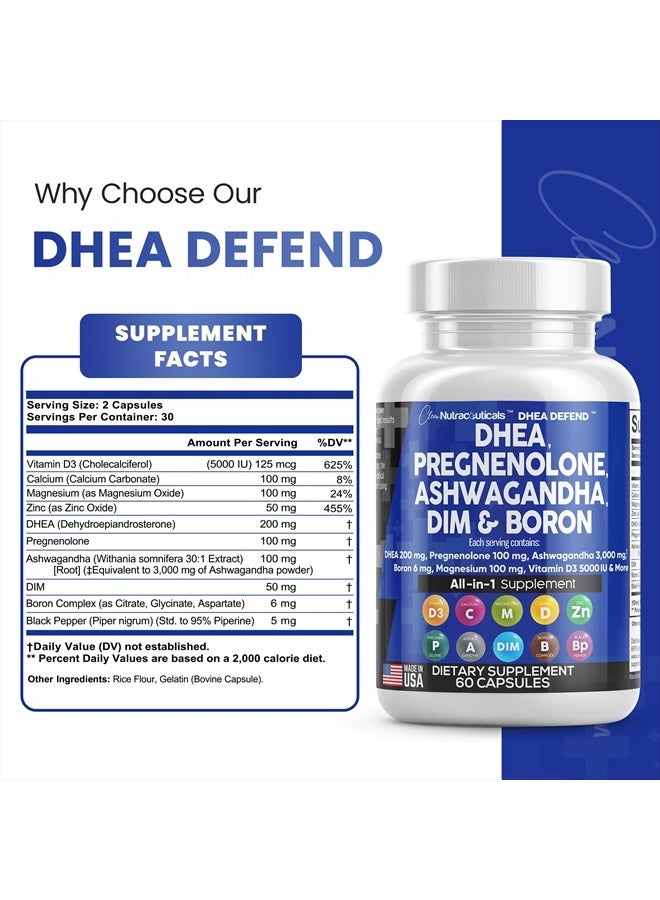 DHEA 200mg Supplement Pregnenolone 100mg for Men & Women with DIM Ashwagandha 3000mg Boron 6mg Complex Calcium Magnesium Zinc 50mg Vitamin D3 5000 iu Hormone Support Pills - 60 Ct