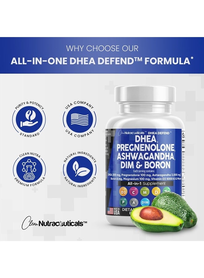 DHEA 200mg Supplement Pregnenolone 100mg for Men & Women with DIM Ashwagandha 3000mg Boron 6mg Complex Calcium Magnesium Zinc 50mg Vitamin D3 5000 iu Hormone Support Pills - 60 Ct