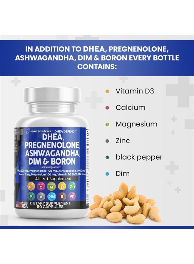 DHEA 200mg Supplement Pregnenolone 100mg for Men & Women with DIM Ashwagandha 3000mg Boron 6mg Complex Calcium Magnesium Zinc 50mg Vitamin D3 5000 iu Hormone Support Pills - 60 Ct
