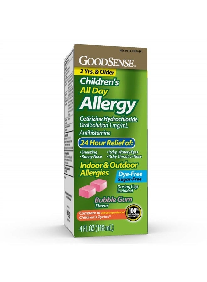 Children's All Day Allergy Relief, Cetirizine Hydrochloride Oral Solution 1 mg/mL, Bubble Gum Flavor, Dye Free, Sugar Free, 4 Fluid Ounce