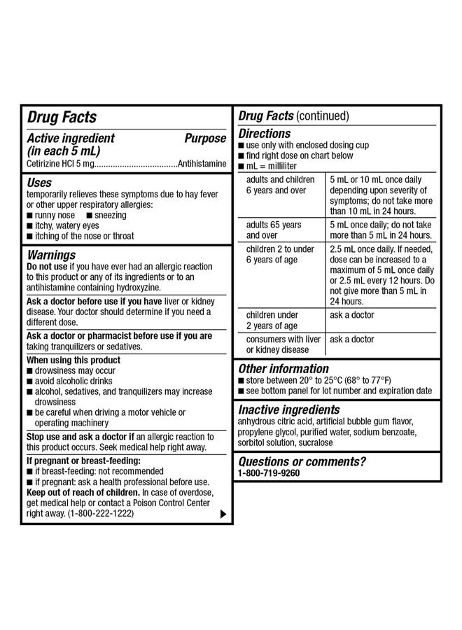 Children's All Day Allergy Relief, Cetirizine Hydrochloride Oral Solution 1 mg/mL, Bubble Gum Flavor, Dye Free, Sugar Free, 4 Fluid Ounce