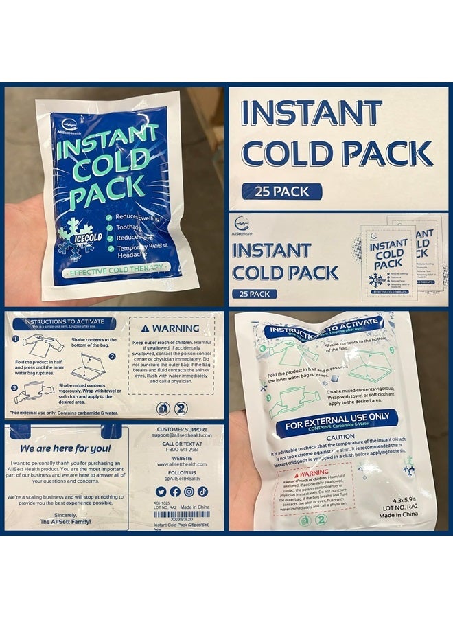 25 Packs Instant Ice Cold Pack (6” x 4.5”) - Disposable Instant Ice Packs for Injuries | Cold Compress Ice Pack for Pain Relief, Swelling, First Aid, Toothache, Athletes & Outdoor Activities