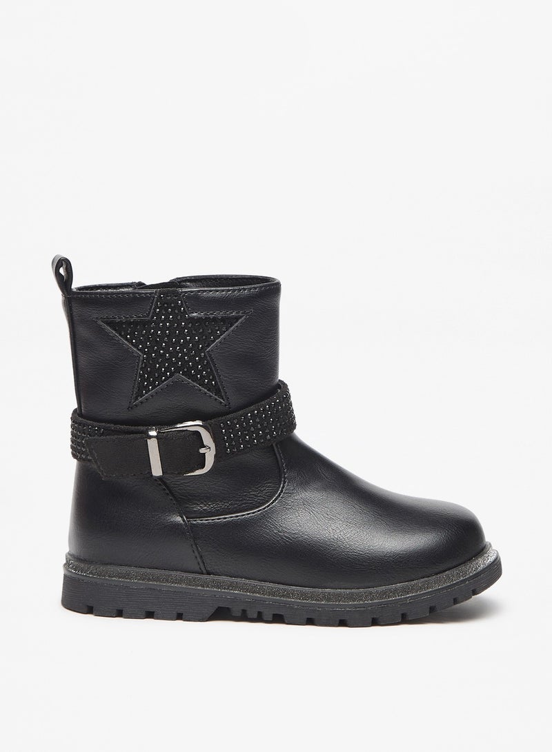 Girls Embellished Boots with Buckle Detail and Zip Closure