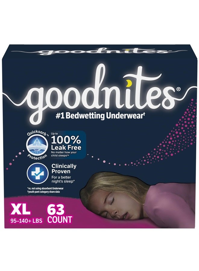Goodnites Girls' Nighttime Bedwetting Underwear, Size Extra Large (95-140+ lbs), 63 Ct (3 Packs of 21), Packaging May Vary