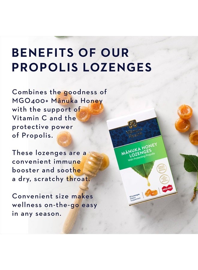 Manuka Honey Lozenges – 15 Propolis Lozenges – Natural Throat Lozenges Infused with Raw Manuka Honey, New Zealand Propolis and Vitamin C for Immune Support