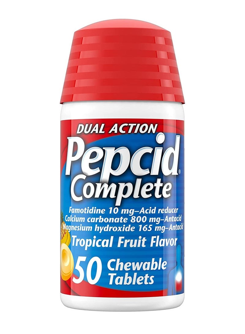 Pepcid Complete Acid Reducer + Antacid Chewables, 10 mg Famotidine, 800 mg Calcium Carbonate & 165 mg Magnesium Hydroxide per Tablet, Antacid Chews for Heartburn, Tropical Fruit, 50 Ct