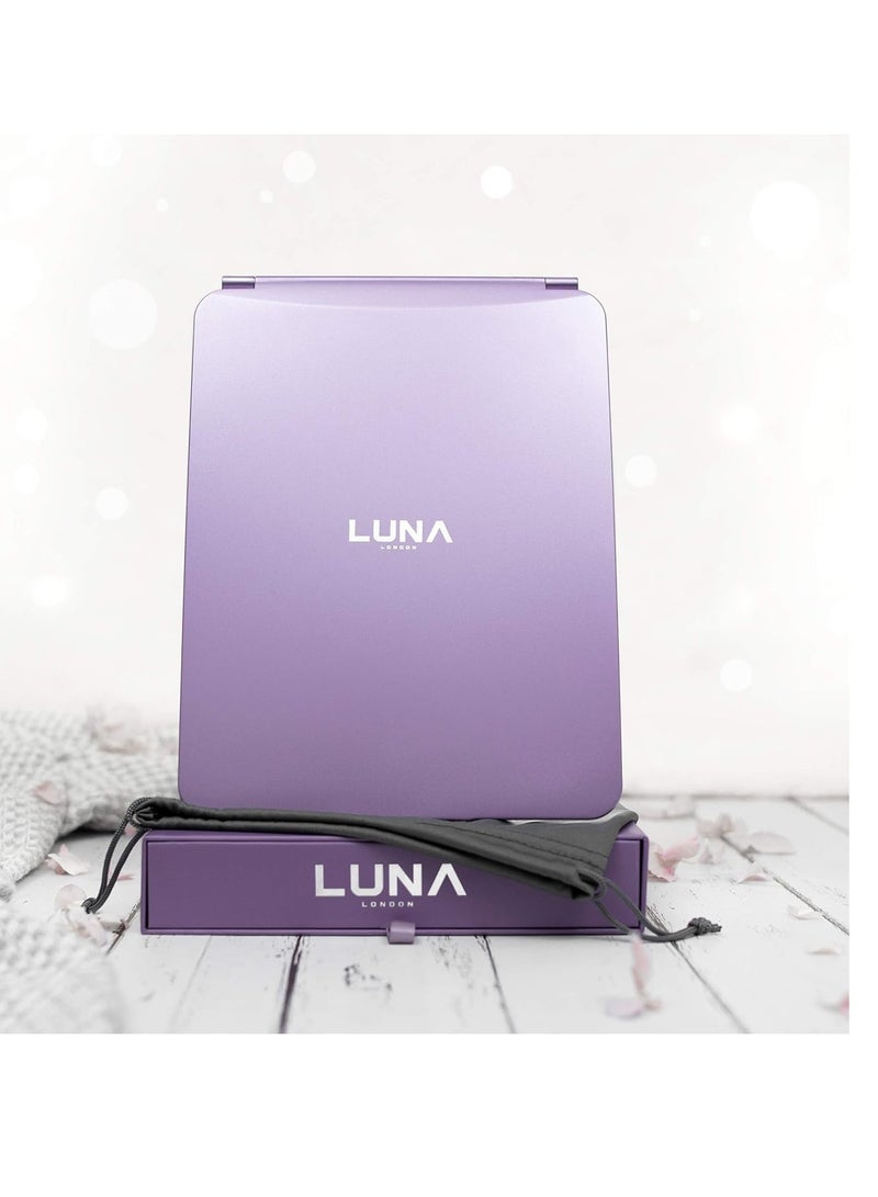 LUNA London Eclipse LED Lighted Travel Vanity Makeup Mirror | 3 Colour Light, Compact, Portable, Lighted, Rechargeable, Illuminated Mirror | Perfect for Travel, Makeup & Beauty Needs | Lavender