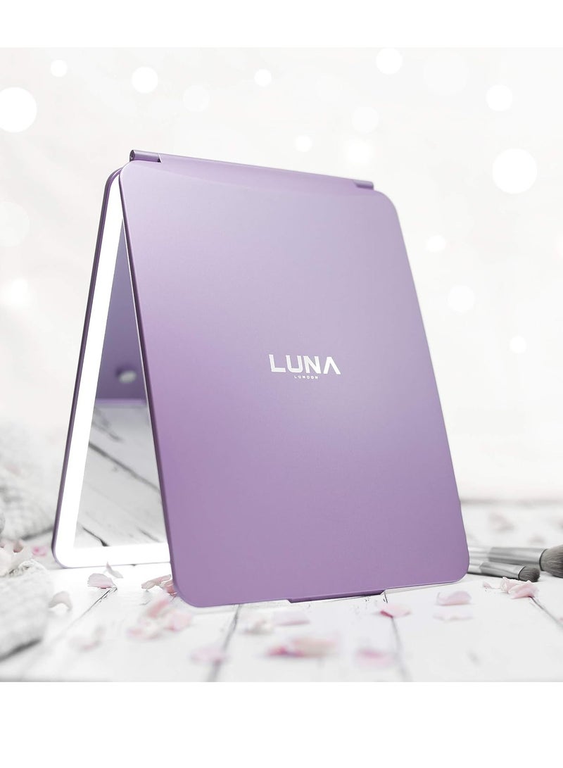 LUNA London Eclipse LED Lighted Travel Vanity Makeup Mirror | 3 Colour Light, Compact, Portable, Lighted, Rechargeable, Illuminated Mirror | Perfect for Travel, Makeup & Beauty Needs | Lavender