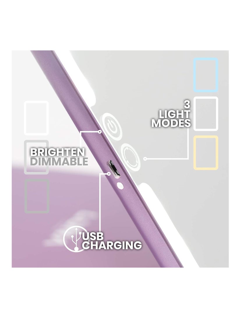 LUNA London Eclipse LED Lighted Travel Vanity Makeup Mirror | 3 Colour Light, Compact, Portable, Lighted, Rechargeable, Illuminated Mirror | Perfect for Travel, Makeup & Beauty Needs | Lavender