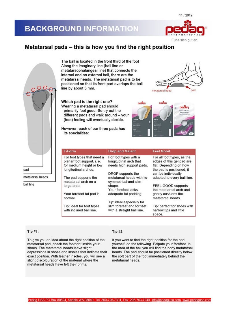 Pedag Drop Leather metatarsal Arch pad/Soft met pad, Size Large
