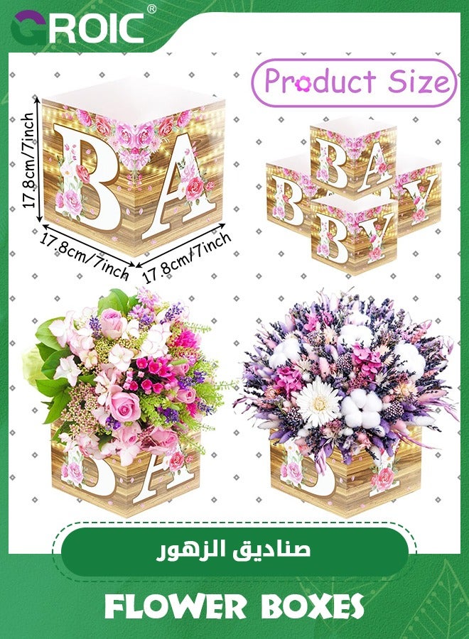 6 Pcs Rustic Floral Baby Shower Party Decorations Baby Flower Boxes Centerpiece Rustic Floral Table Display with Letters Gender Reveal Party Favor Block Holder, Party Supplies