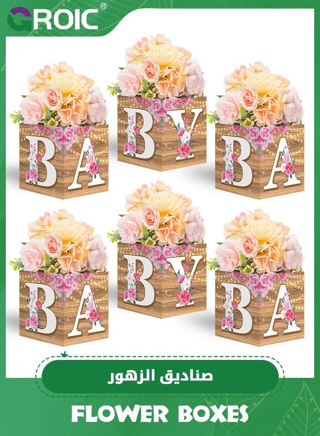 6 Pcs Rustic Floral Baby Shower Party Decorations Baby Flower Boxes Centerpiece Rustic Floral Table Display with Letters Gender Reveal Party Favor Block Holder, Party Supplies