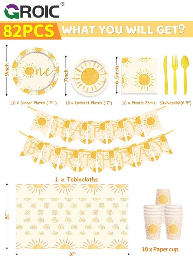 72 Pcs Birthday Party Supplies and Decorations Pack, One Year Old Sun Theme Party Decoration, Include Banners, Tablecloths, Knives, forks, Plates, Napkins, Cups, Etc for Birthday Party Decorations