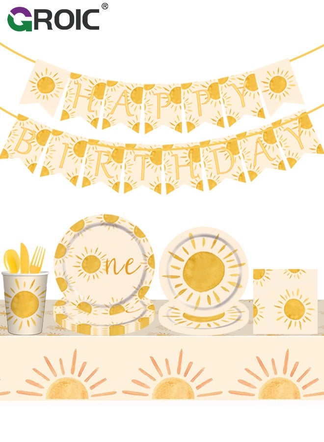 72 Pcs Birthday Party Supplies and Decorations Pack, One Year Old Sun Theme Party Decoration, Include Banners, Tablecloths, Knives, forks, Plates, Napkins, Cups, Etc for Birthday Party Decorations