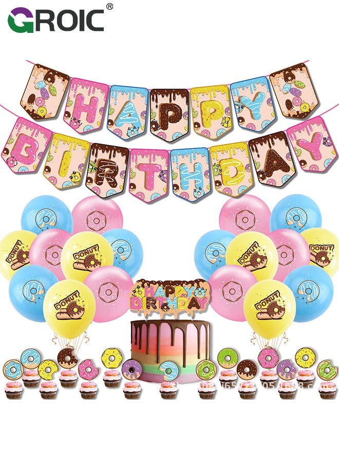 88 Pcs Birthday Party Supplies and Decorations Pack, Doughnut Theme Party Decoration, Include Banners, Tablecloths, Cake Toppers, Balloons， Plates, Napkins, Ribbon Theme Birthday Party Decorations