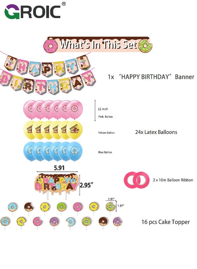 88 Pcs Birthday Party Supplies and Decorations Pack, Doughnut Theme Party Decoration, Include Banners, Tablecloths, Cake Toppers, Balloons， Plates, Napkins, Ribbon Theme Birthday Party Decorations