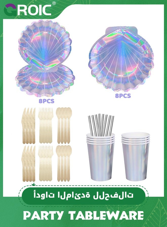 56 Pcs Mermaid Party Tableware Set Party Paper Plates Cups Straws Party Supplies Decorations for 8 Guests, Holographic Foil cake Party Supplies for Mermaid Party Birthday Shower Wedding