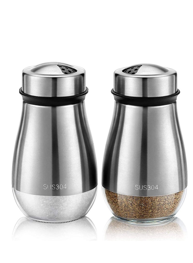 Salt and Pepper Shakers Set - Shaker with Adjustable Pour Holes - 304 Stainless Steel Glass Spice Dispenser Refillable Perfect for Black, Kosher, and Sea Salts - Seasoning 2pcs