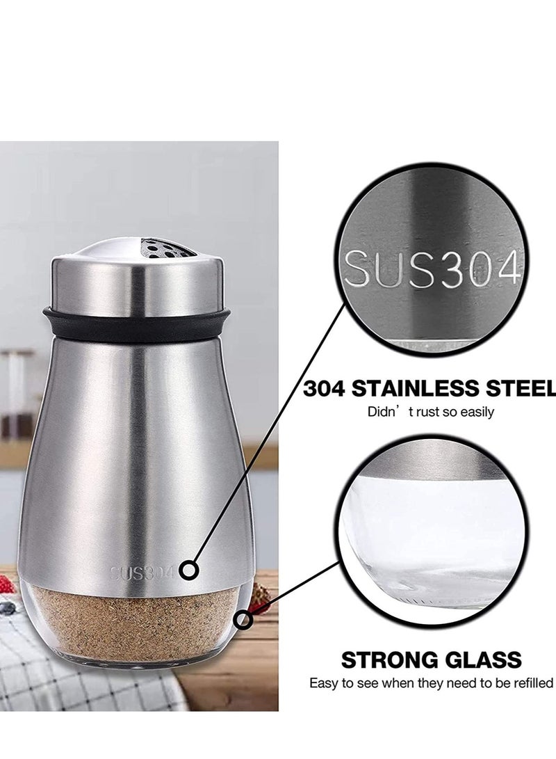 Salt and Pepper Shakers Set - Shaker with Adjustable Pour Holes - 304 Stainless Steel Glass Spice Dispenser Refillable Perfect for Black, Kosher, and Sea Salts - Seasoning 2pcs