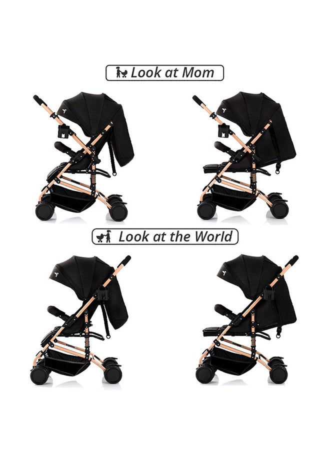 Reversible Trip Stroller With Wide Canopy And 5-Point Safety Harness - Black