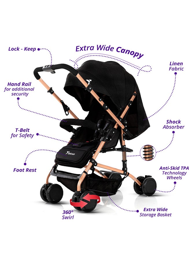 Reversible Trip Stroller With Wide Canopy And 5-Point Safety Harness - Black