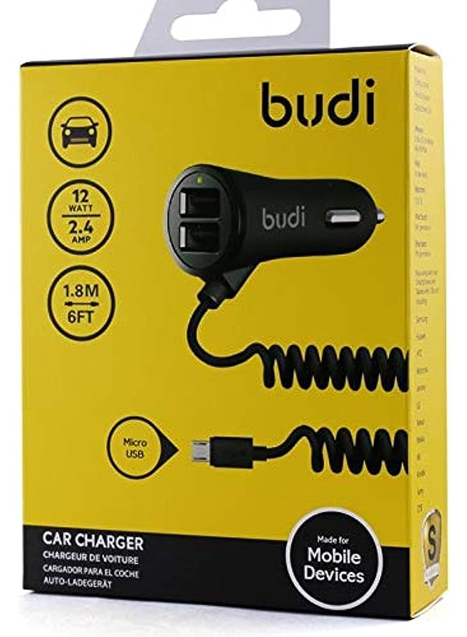 2 USB Car charger with coiled Samsung Micro-USB cable M8J068M, 12watt,2.4amp,1.8m